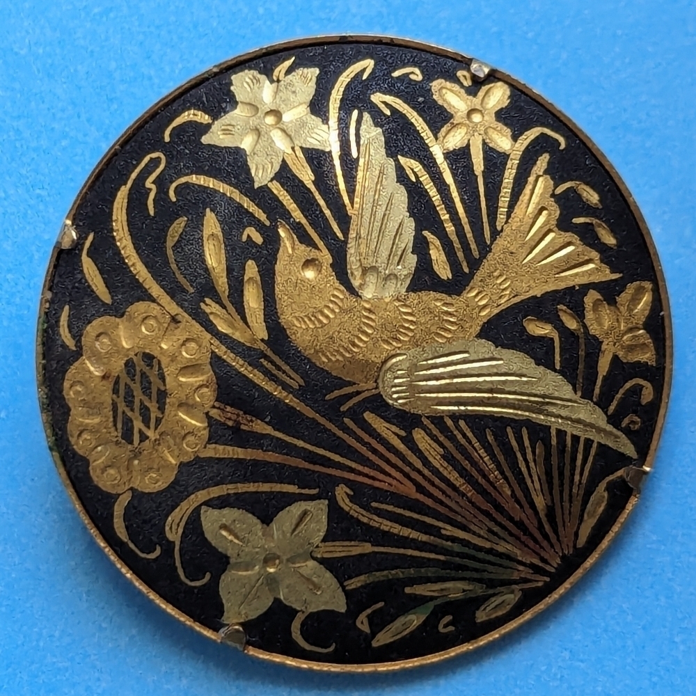 🕊️ Vintage Damascene Pin black and gold birds and floral trombone clasp 1"